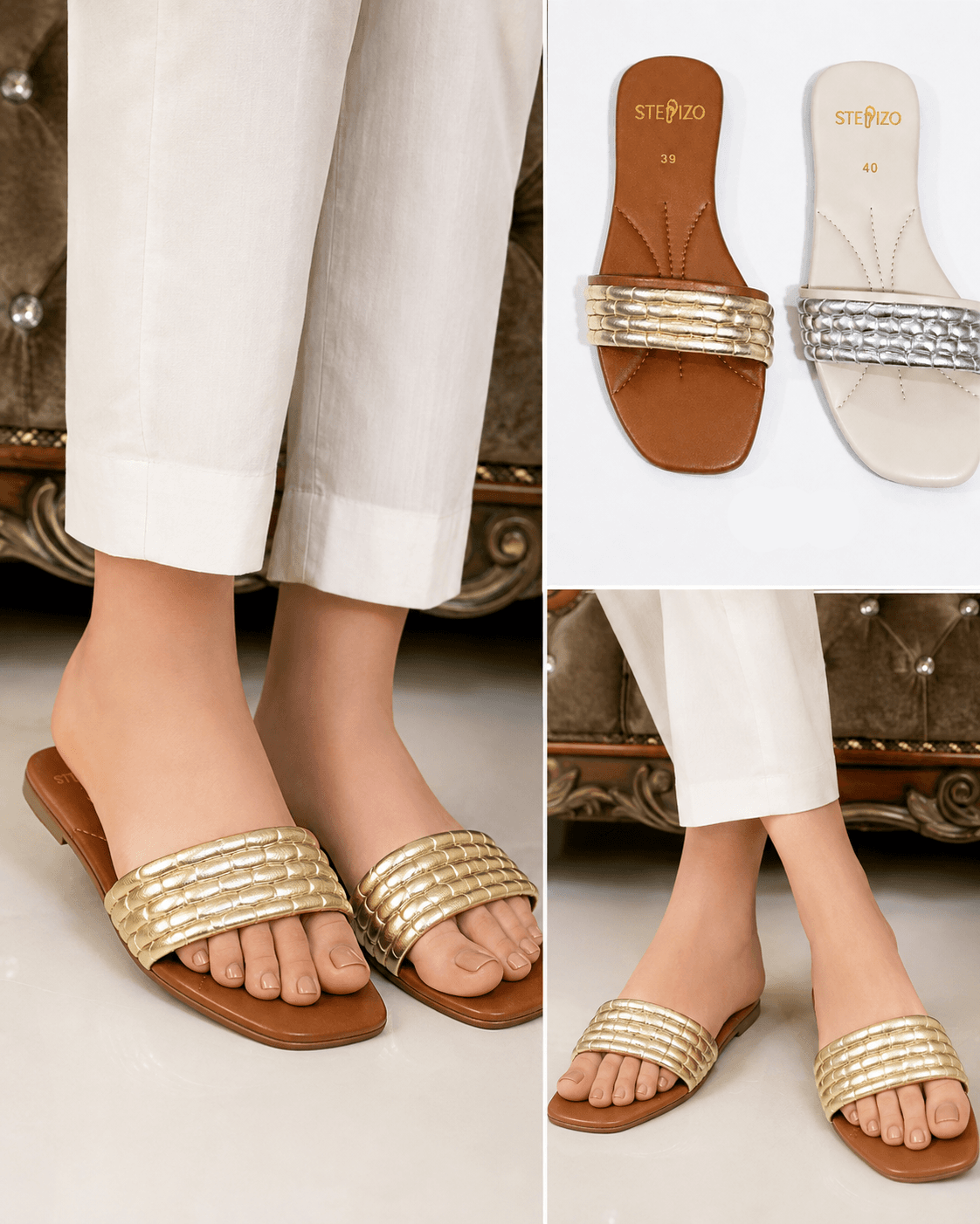 Women’s Metallic Quilted Strap Flat Slides