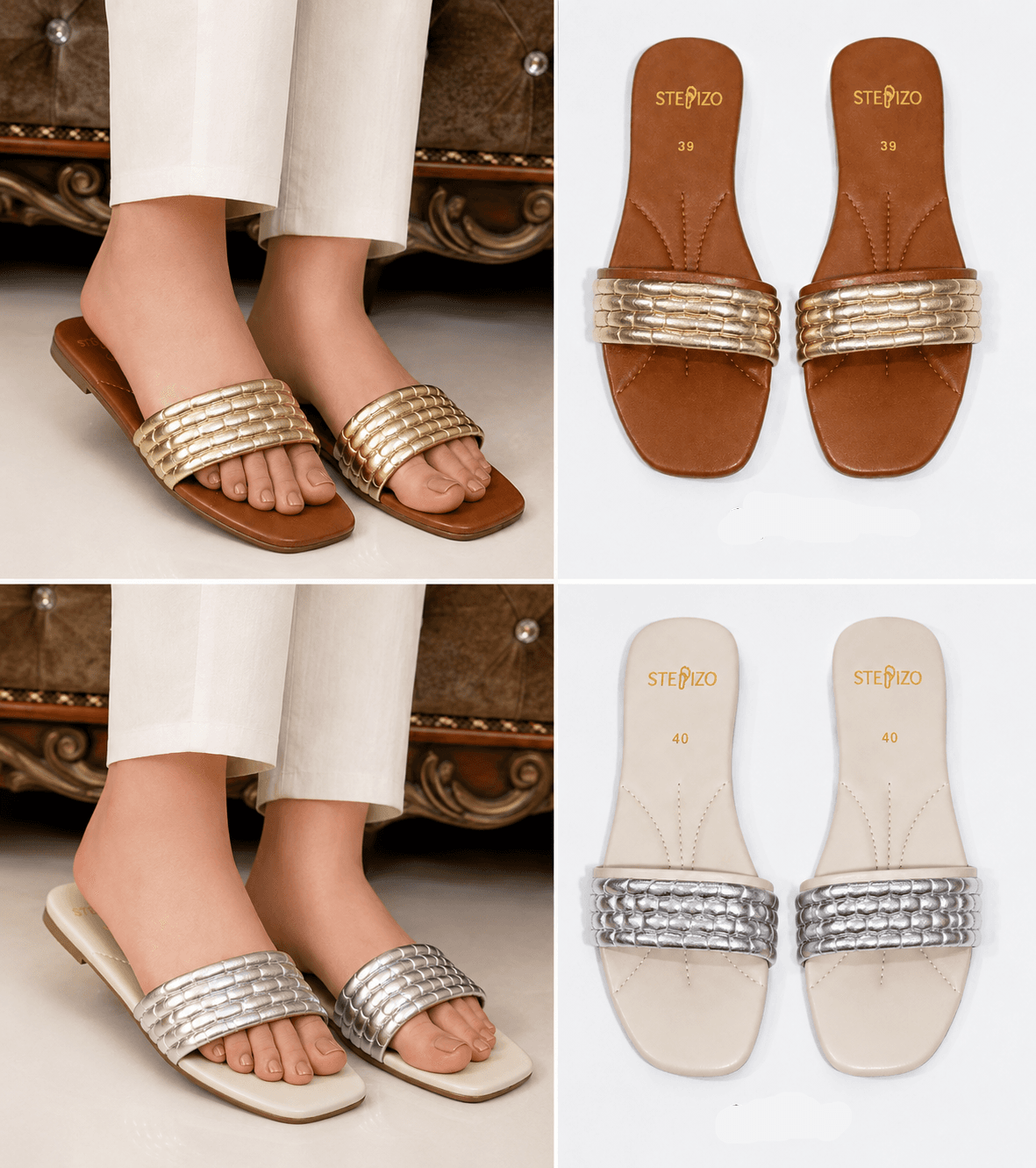 Women’s Metallic Quilted Strap Flat Slides